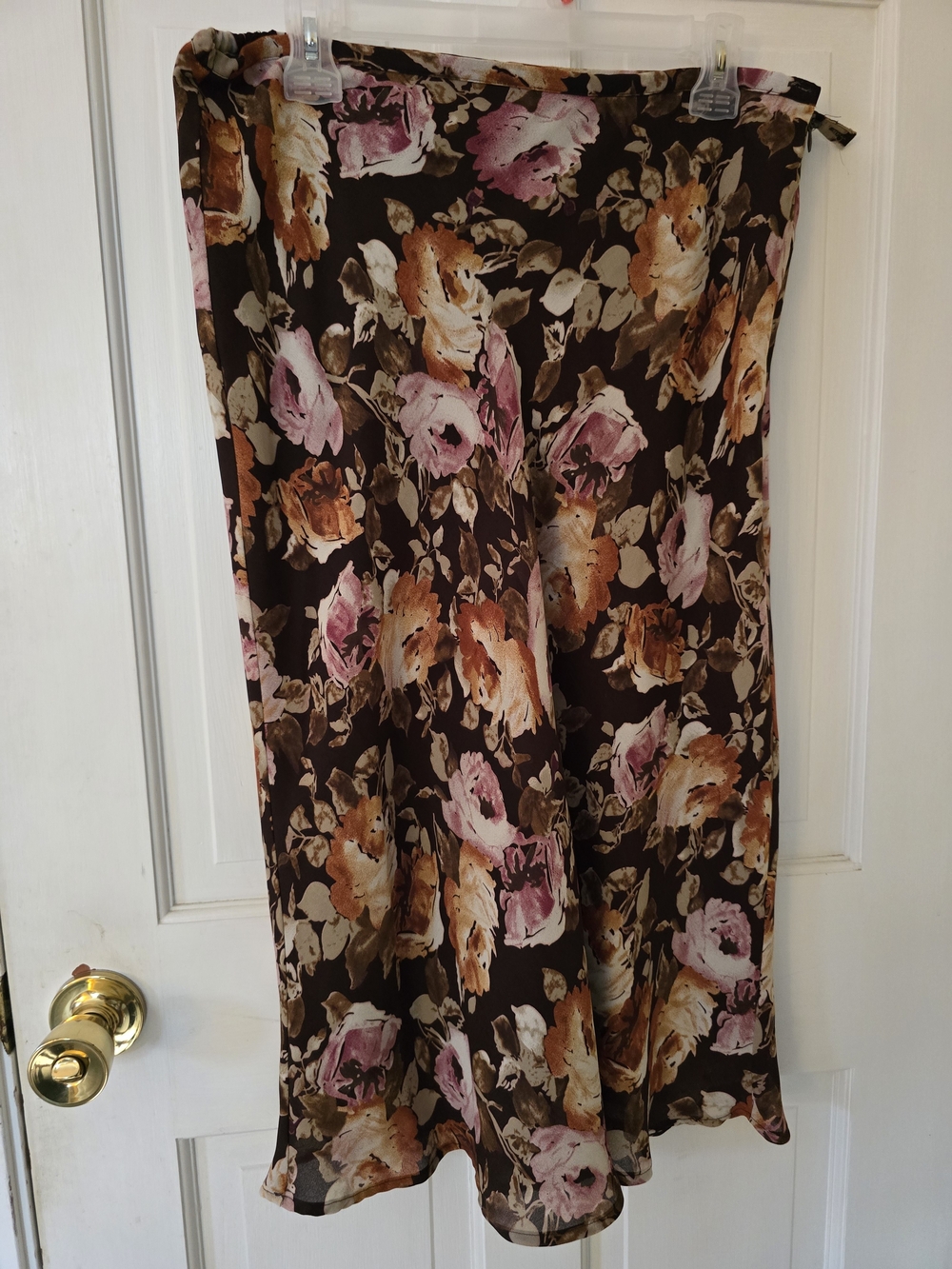 Brown Floral Midi Skirt with Pink & Tan Blooms